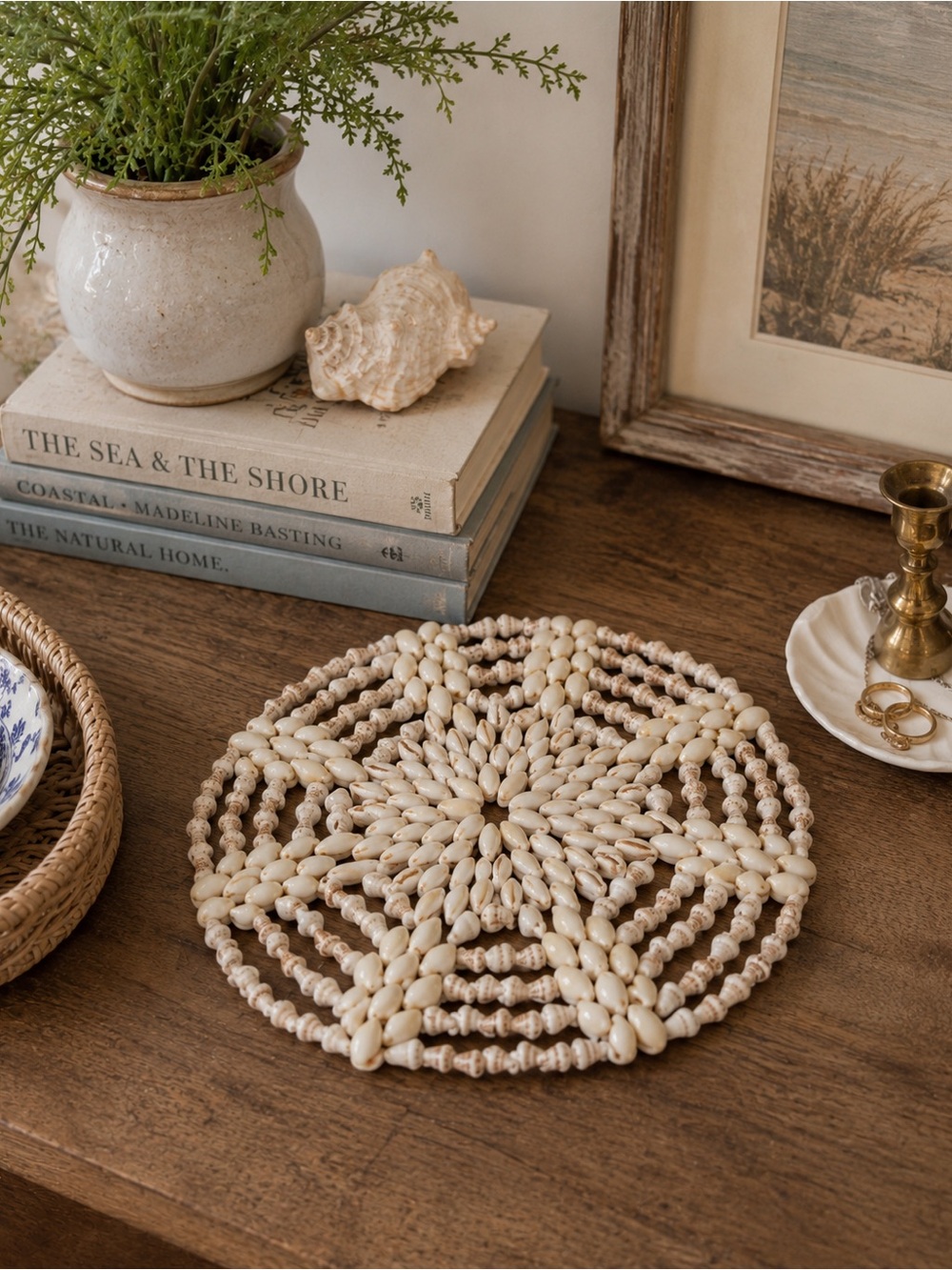 Vintage Cowrie Shell Trivet / Decorative Shell Mat